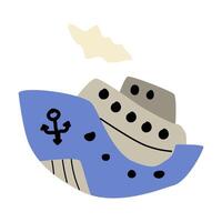 Hand drawn ship in blue color, doodle vector icon isolated