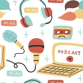 Podcast seamless pattern background with audio elements and laptop isolated. Can used for broadcasting, podcasting concept. vector
