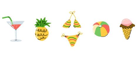 Cute summer elements for beach or vacation. Vector illustration of cocktail, pineapple, ice cream, ball, swimsuit. Hand drawn vector illustration for border, stickers, labels.