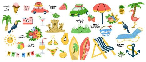 Big summer set of hand drawn elements - car with luggage, umbrella, swimsuit, sun, ball, beach chair, flamingo and tropical birds toucans, anchor, photo camera, tropical fruits. vector