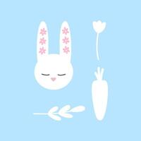 Happy easter bunny rabbit vector isolated illustration with carrot and flowers in white, pink and blue. Clip art in flat hand drawn design.