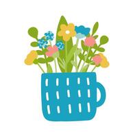 Flowers in cup vector illustration isolated on white background. Different colorful flowers in flat design and cute simple style. Blue cup with dashes.