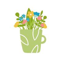 Flowers in cup vector illustration isolated on white background. Different colorful flowers in flat design and cute simple style. Green cup with leaves.