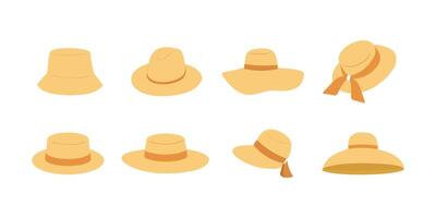 Straw sun hats set vector illustration isolated. Different summer hats collection flat hand drawn clip arts.