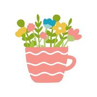 Flowers in cup vector illustration isolated on white background. Different colorful flowers in flat design and cute simple style. Pink cup with wavy lines.