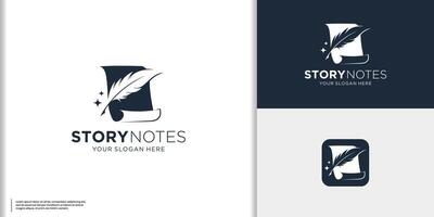 minimalist Classic book logo design with Quill feather pen handwriting in negative space shape concept. vector