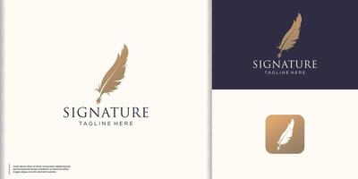 minimalist quill pen signature logo design and icon with ink linear premium gold color vector