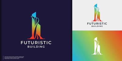 futurista edificio con moderno degradado color marca. futuro edificio logo diseño inspiración. vector