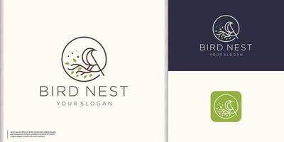 minimalist bird nest logo design. inspiration bird and nest leaf nature with circle frame line concept. vector