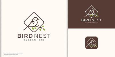 bird's nest logo design, twisted from thin twigs line with a leaf and bird frame line art style vector