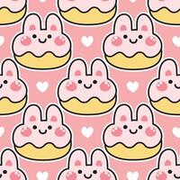 Seamless pattern of cute smile head rabbit donut sticker with tiny heart icon background. vector