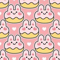 Seamless pattern of cute smile head rabbit donut sticker with tiny heart icon background. vector