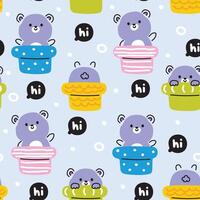 Seamless pattern of cute teddy bear line hand drawn in pot with hi text on pastel background.Wild animal character cartoon design.Kawaii.Vector.Illustration. vector