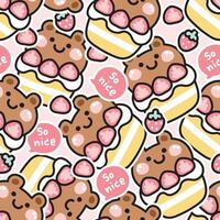 Seamless pattern of cute teddy bear head strawberry cake with so nice text sticker background.Wild animal face character design.Sweet and dessert.Fruit.Bakery.Kawaii.Vector.Illustration. vector