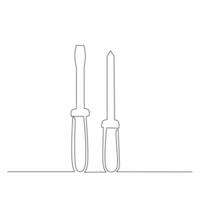 continuo línea dibujo de un Pareja de destornilladores plano cabeza y Phillips destornillador. sencillo plano mano dibujado estilo vector para herramienta en Ingenieria y construcción