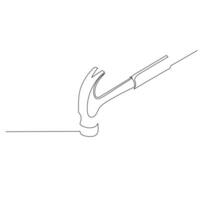 Hammer a tool in carpentry for driving nails into or pulling them from wood. Continuous line drawing and simple hand drawn style vector design element. Illustration for industrial and construction