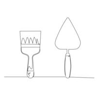 Continuous line drawing of a paint brush and plastering trowel. Simple flat hand drawn style vector for tool in engineering and construction