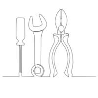 Screwdriver spanner and pliers illustration. Small carpentry work in the workshop and Home renovation concept design element. Continuous line drawing vector. vector