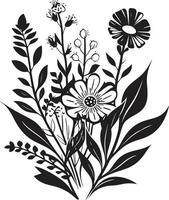 floral tapiz monocromo emblema ilustrando botánico elementos pétalos en noir pulcro negro icono exhibiendo vector floral diseño