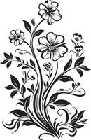 botánico belleza monocromo emblema, elegante floral diseño susurros de naturaleza negro icono, vector logo de botánico floraciones