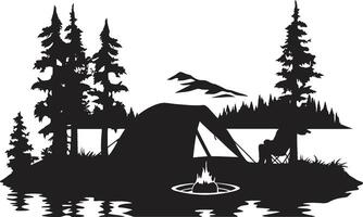 Camping Escapade Elegant Black Icon Showcasing Vector Logo Design Mountain Majesty Sleek Monochromatic Emblem for Outdoor Enthusiasts