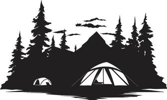 Mountain Majesty Black Vector Logo Design Icon for Wilderness Retreats Nighttime Oasis Chic Camping Icon Illustrating Black Vector Design