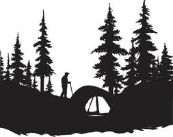 Into the Woods Monochrome Emblem for Outdoor Camping Enthusiasts Campfire Chronicles Black Vector Logo Design for Adventurous Souls