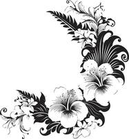 Opulent Orchids Chic Black Emblem with Decorative Floral Corners Floral Fantasy Monochrome Emblem Featuring Decorative Corners vector