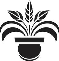 Elegant Essence Sleek Black Icon with Decorative Plant Pot Natures Niche Monochrome Emblem Featuring Chic Plant Pot Design vector