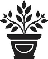 Nurtured Noir Sleek Emblem Featuring Decorative Plant Pot in Black Blossom Balance Monochrome Plant Pot Logo with Stylish Elegance vector