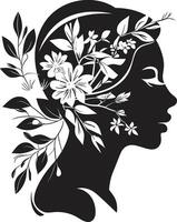 etéreo flores vector símbolo de un mujeres cara en negro botánico belleza negro logo diseño infundido con floral mujer cara