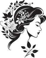 Whimsical Blooms Feminine Charm in a Black Floral Face Logo Elegance in Bloom Vector Black Logo with Floral Woman Face