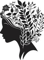 Blossoming Charm Vector Symbol of a Black Floral Woman Face Enchanting Elegance Black Logo Design Highlighting Womans Face in Florals