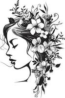 Floral Harmony Black Logo Design Embracing Womans Face with Elegance Ethereal Essence Vector Black Logo Capturing Womans Face with Florals