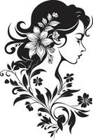 Petals of Poise Black Logo Design Featuring a Womans Face in Florals Blossoming Charm Vector Symbol of a Black Floral Woman Face