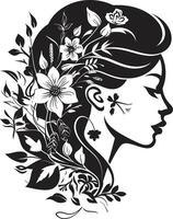 Graceful Gardenia Vector Black Logo with a Floral Woman Face Icon Petals of Poise Black Logo Design Featuring a Womans Face in Florals