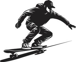 Radical Ride Dynamic Icon of a Man on a Skateboard in Black Logo Thrill Shredder Black Vector Symbol Capturing a Skateboarding Man