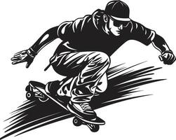 Thrill Tyrant Iconic Vector Symbol of a Man on a Skateboard in Black Street Slinger Edgy Black Logo Design with a Skateboarding Man Icon