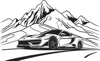 Highland Hustle Sleek Vector Icon Featuring a Sports Car on Black Logo Elevated Velocity Dynamic Black Logo Design with a Mountainous Sports Car