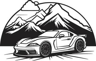 Alpine Adrenaline Vector Icon of a Sports Car Racing on Black Logo Mountain Majesty Dynamic Black Symbol with Sports Car Icon on Curvy Roads