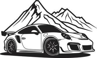 Elevated Elegance Iconic Vector Symbol with a Sports Car on Black Logo Summit Speedster Sleek Sports Car on the Mountain Roads Black Logo Design