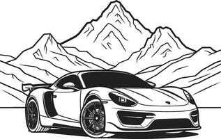 pináculo búsqueda vector símbolo de un Deportes coche alpinismo escabroso montaña carreteras en negro épico ascenso negro logo diseño exhibiendo un Deportes coche abordar desafiante montaña rutas