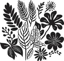 isla oasis dinámica negro logo diseño con tropical planta hojas y flores paraíso pétalos pulcro vector icono de tropical planta hojas y flores en negro