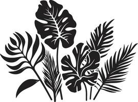 Botanical Bliss Sleek Black Icon Design with Tropical Plant Leaves and Flowers Jungle Harmony Vector Black Logo Featuring Exotic Plant Leaves and Flowers