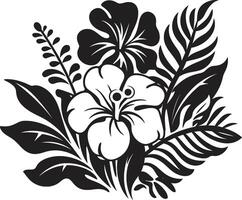 Exotic Foliage Vector Black Logo Design with Tropical Plant Leaves and Flowers Tropic Elegance Iconic Symbol in Black Featuring Plant Leaves and Flower Vectors