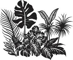 Tropic Elegance Iconic Symbol in Black Featuring Plant Leaves and Flower Vectors Island Bloom Sleek Vector Icon Symbolizing Tropical Plant Leaves and Flowers in Black