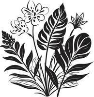 Tropical Allure Iconic Symbol in Black with Plant Leaves and Flower Vectors Island Oasis Dynamic Black Logo Design with Tropical Plant Leaves and Flowers