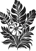 Botanical Bliss Sleek Black Icon Design with Tropical Plant Leaves and Flowers Jungle Harmony Vector Black Logo Featuring Exotic Plant Leaves and Flowers