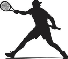 Precision Powerhouse Crest Male Tennis Player Icon in Dynamic Stance Racket Rebel Insignia Vector Design for Bold Tennis Logo