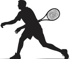 Precision Performer Crest Male Tennis Player Icon in Dynamic Pose Racket Renegade Insignia Vector Design for Bold Tennis Logo